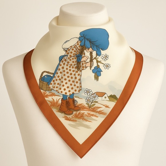 Holly‎ Hobbie  Girl Print Scarf Brown Border Cream Square Neck Head Hair Wrap - Picture 1 of 10